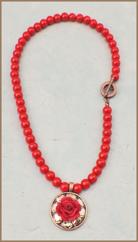 Red Pearl Necklace with Fimo Rose Pendant