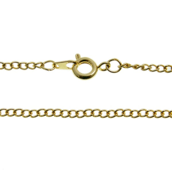 Gold-plated curb chain necklace, 16 inch, laid out to show the spring ring clasp and chain links