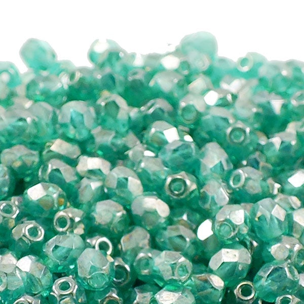 4mm Czech Faceted Round Glass Bead, lustre emerald