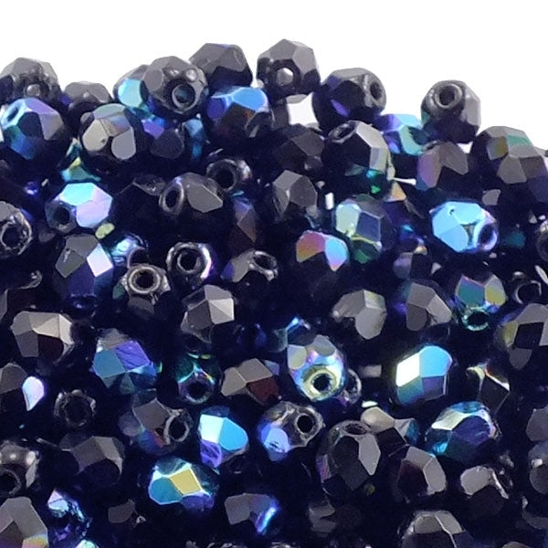 4mm Czech Faceted Round Glass Bead, jet AB