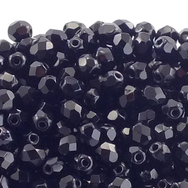 4mm Czech Faceted Round Glass Beads, jet