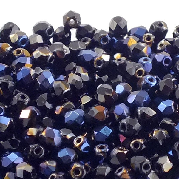 4mm Czech Faceted Round Glass Bead, blue iris/jet