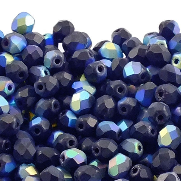 4mm Czech Faceted Round Glass Bead, matte jet AB