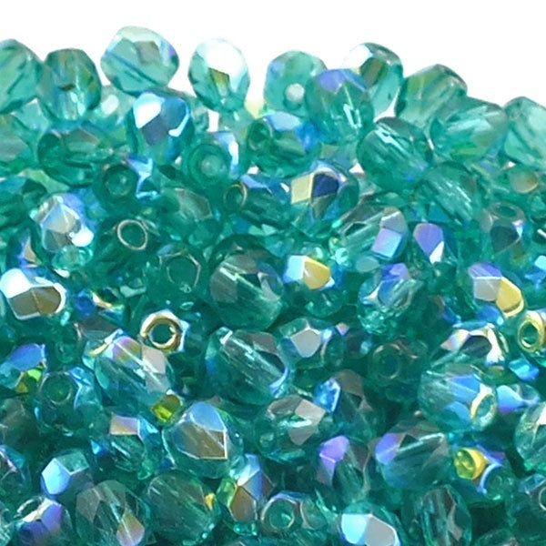 4mm Czech Faceted Round Glass Bead, emerald AB