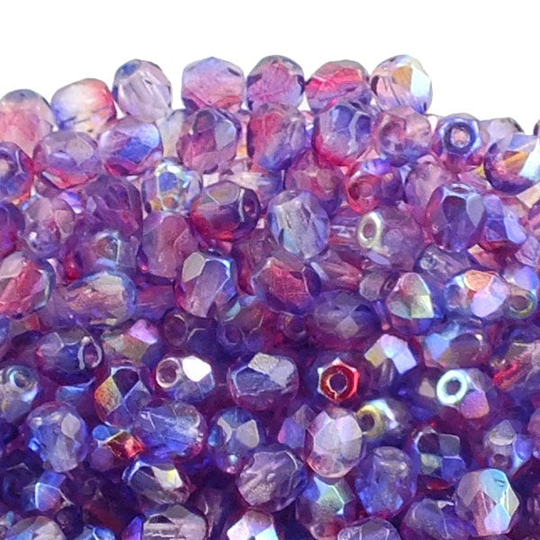 4mm Czech Faceted Round Glass Bead, pink/blue AB