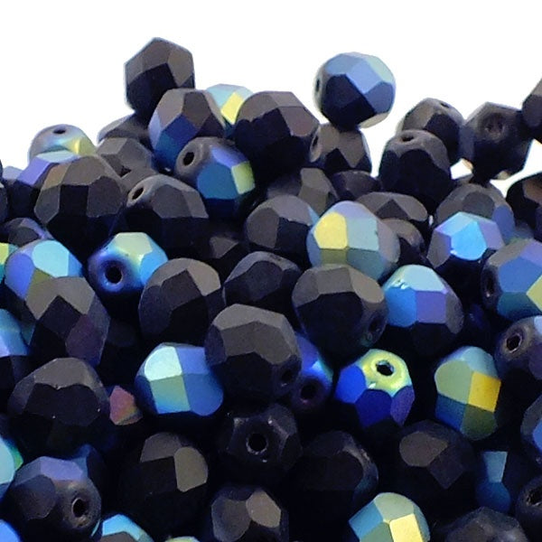 6mm Czech Faceted Round Glass Bead, matte jet AB