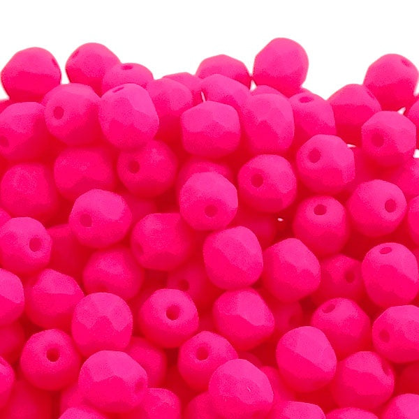 4mm Czech Faceted Round Glass Bead, neon pink