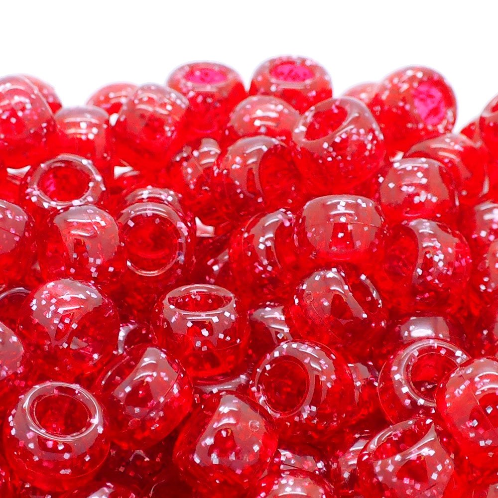 Pony Beads Plastic Barrel 6x8mm, glitter red