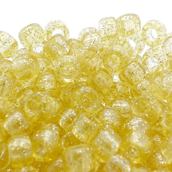 Pony Beads Plastic Barrel 6x8mm, glitter gold