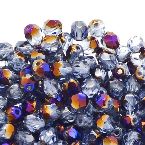 6mm Czech Faceted Round Glass Bead, purple iris/sapphire