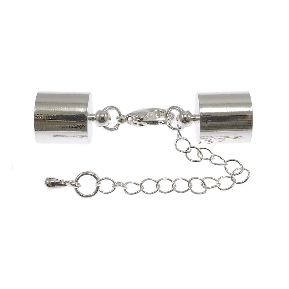 Cord End With Clasp & Extension Chain, Hole Size 4.5mm, silver-plated