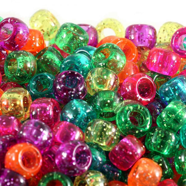 Pony Beads Plastic Barrel 6x8mm, jelly sparkle glitter mix