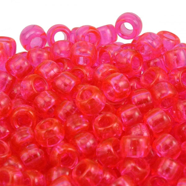 Pony Beads Plastic Barrel 6x8mm, transparent hot pink- 100pk