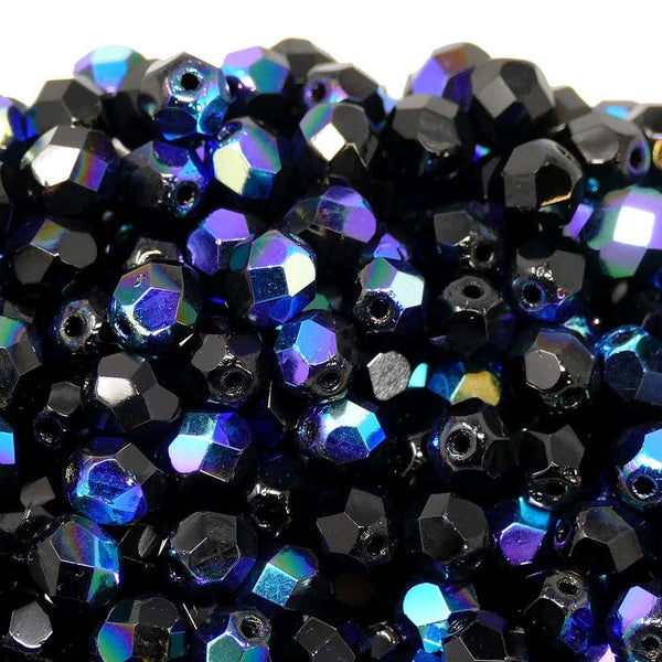6mm Czech Faceted Round Glass Bead, jet AB