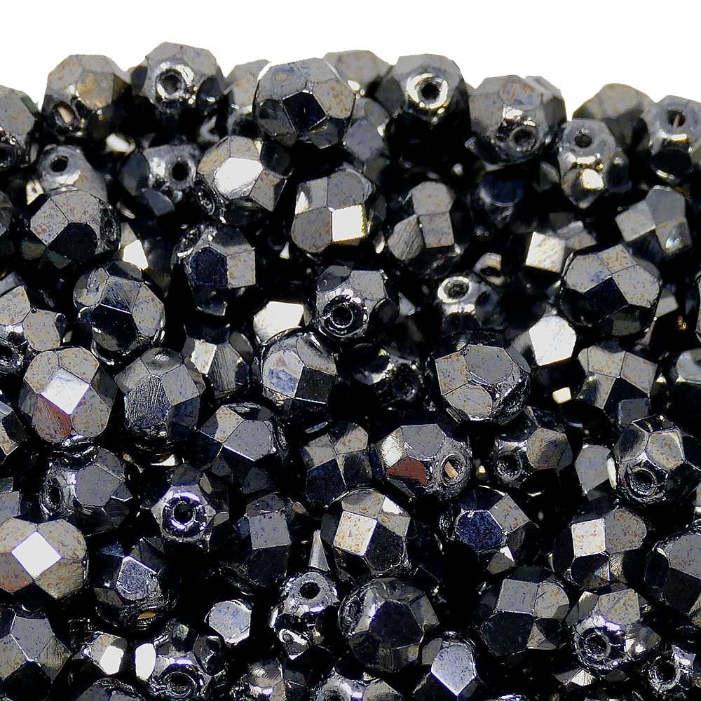 6mm Czech Faceted Round Glass Bead, hematite