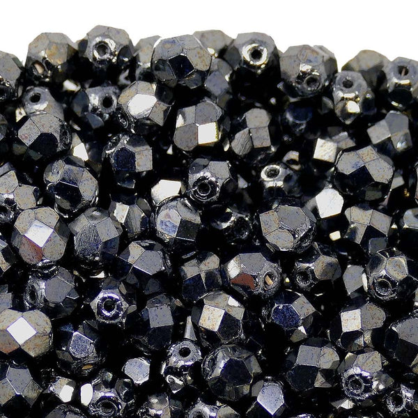 6mm Czech Faceted Round Glass Bead, hematite