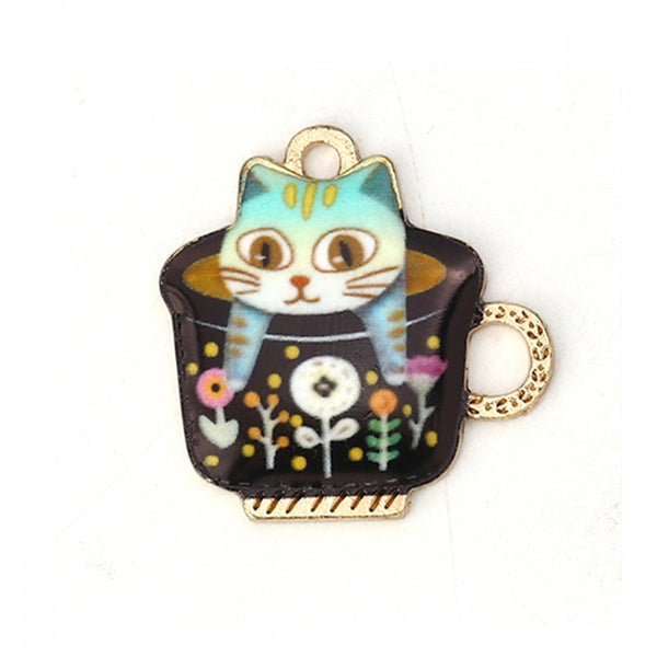 23mm Enamel Cat In Cup Pendant, black, gold-plated