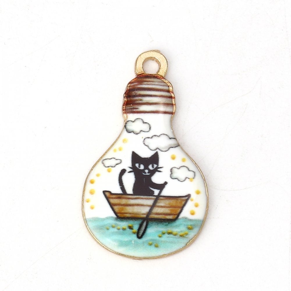 28x17mm Enamel Black Cat in Boat Charm, gold-plated