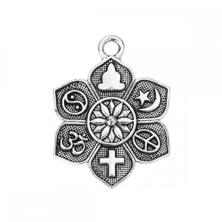 27mm Lotus Flower with Spiritual Symbols Pendant, antique-silver-plated