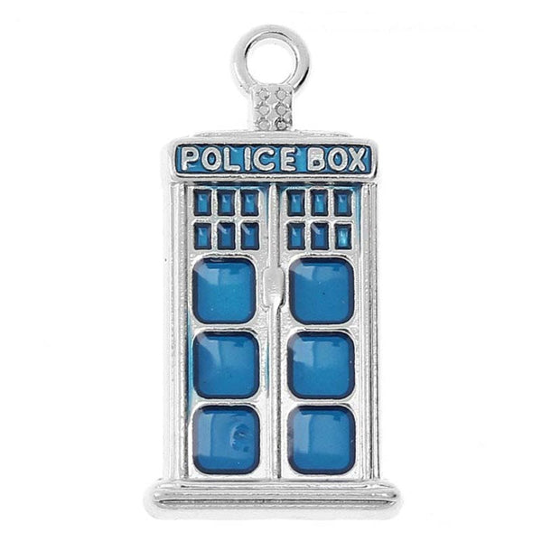 27x14mm Blue Enamel Police Box Pendant, silver-plated