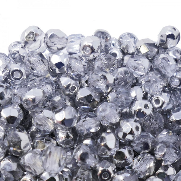 4mm Czech Faceted Round Glass Bead, silver half coated