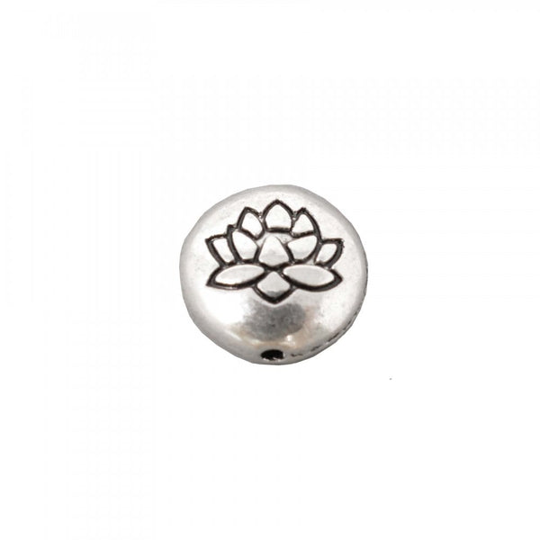 Tibetan Style Flat Round Bead with Lotus Flower, antique-silver-plated