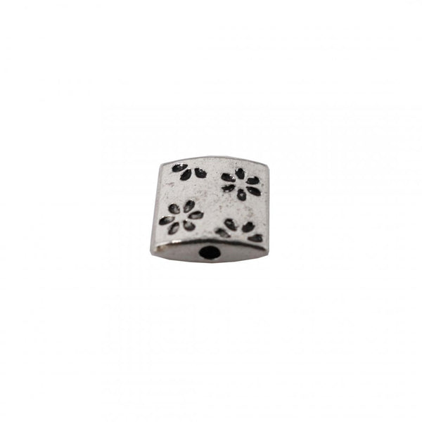 10x3mm Tibetan Style Square Flower Print Beads, antique-silver-plated