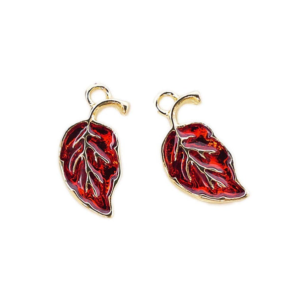 20x10mm Enamel Red Leaf Charm, gold-plated