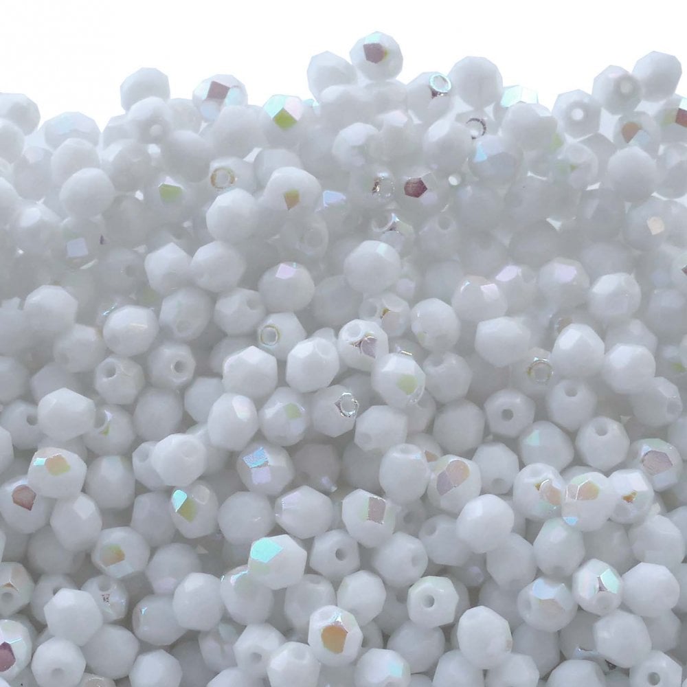 4mm Czech Faceted Round Glass Bead, opaque white AB