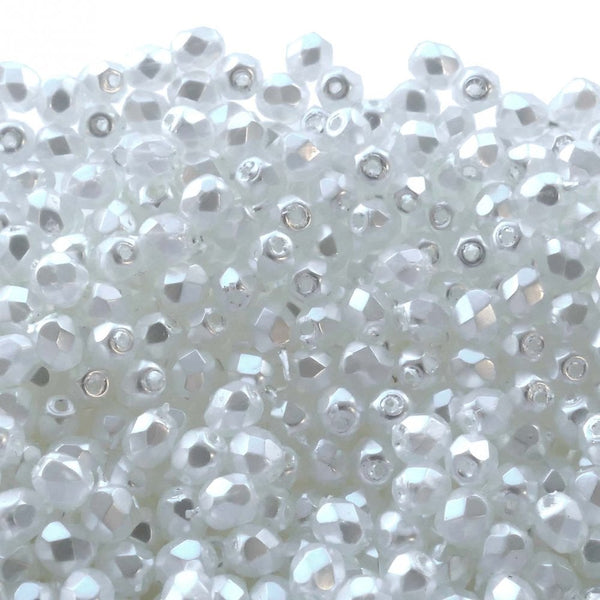 4mm Czech Faceted Round Glass Bead, crystal pearl snow