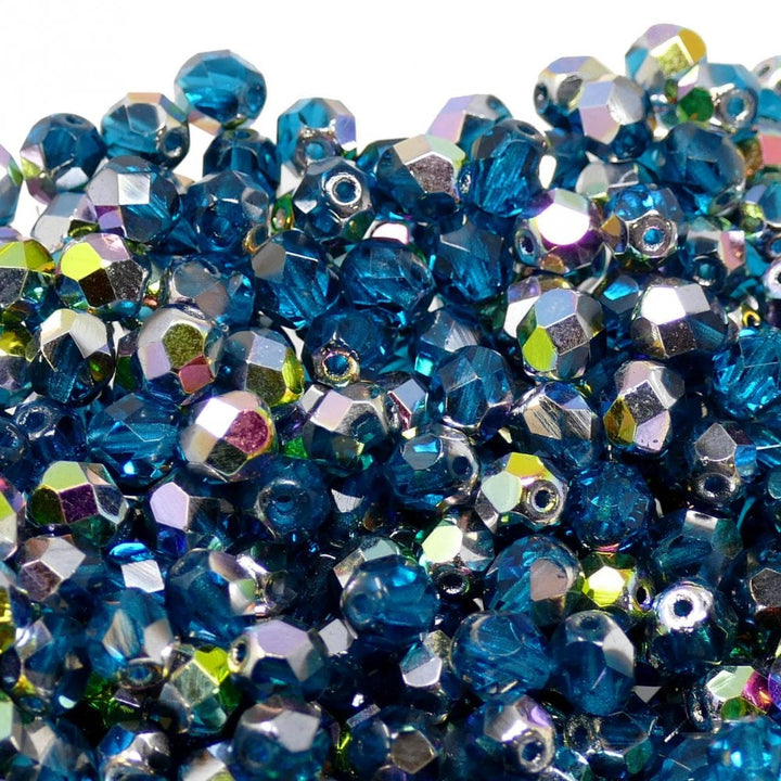 6mm Czech Faceted Round Glass Bead, teal vitral