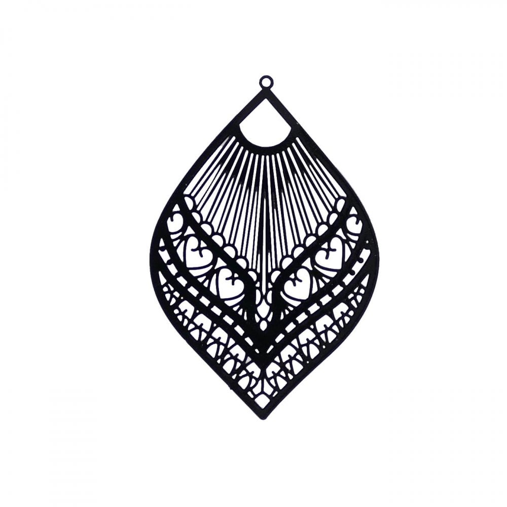 60x40mm Metal Filigree Feather Pendant, black-plated