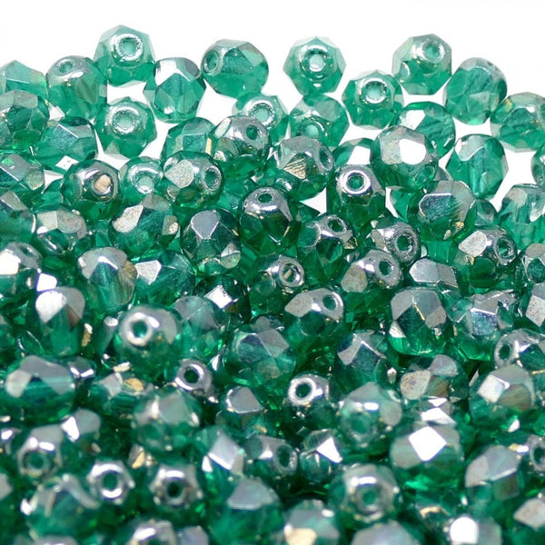 6mm Czech Faceted Round Glass Bead, lustre emerald
