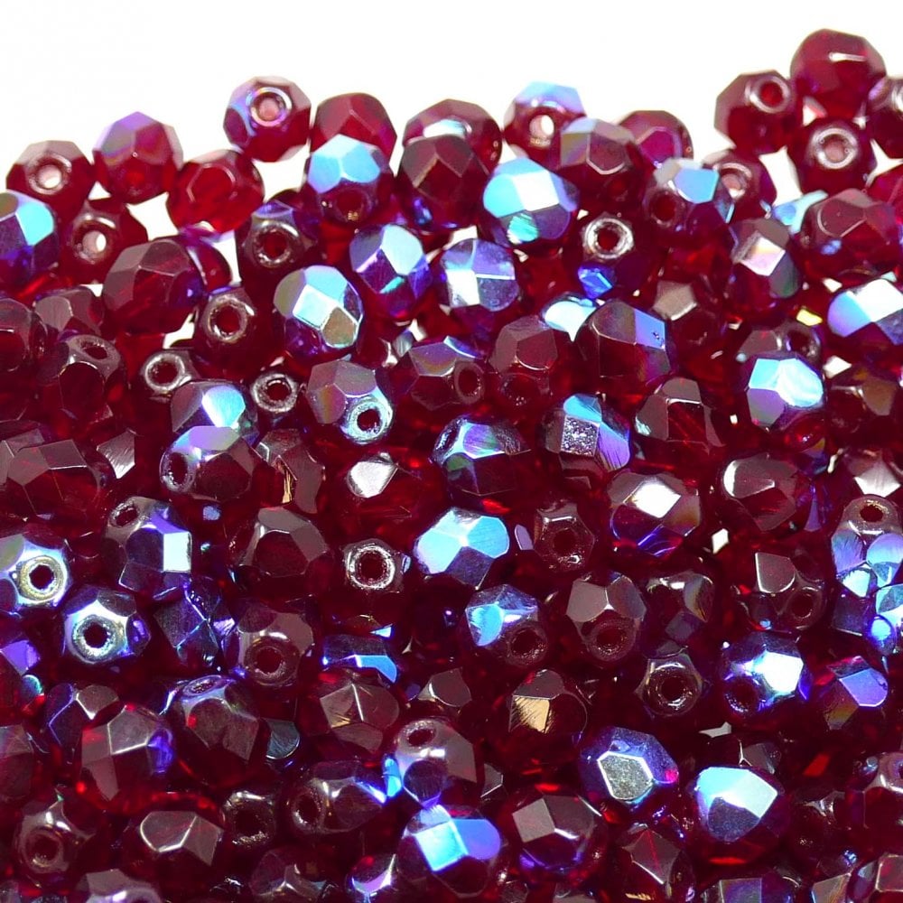 6mm Czech Faceted Round Glass Bead, ruby AB