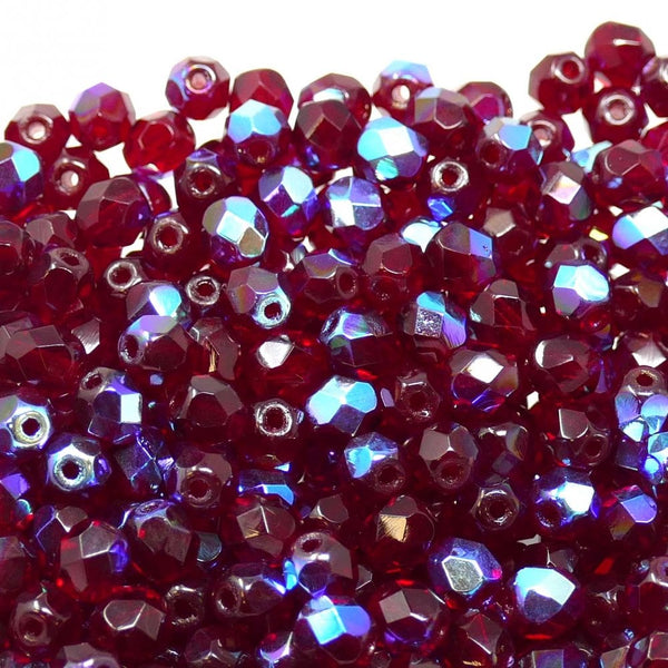 6mm Czech Faceted Round Glass Bead, ruby AB