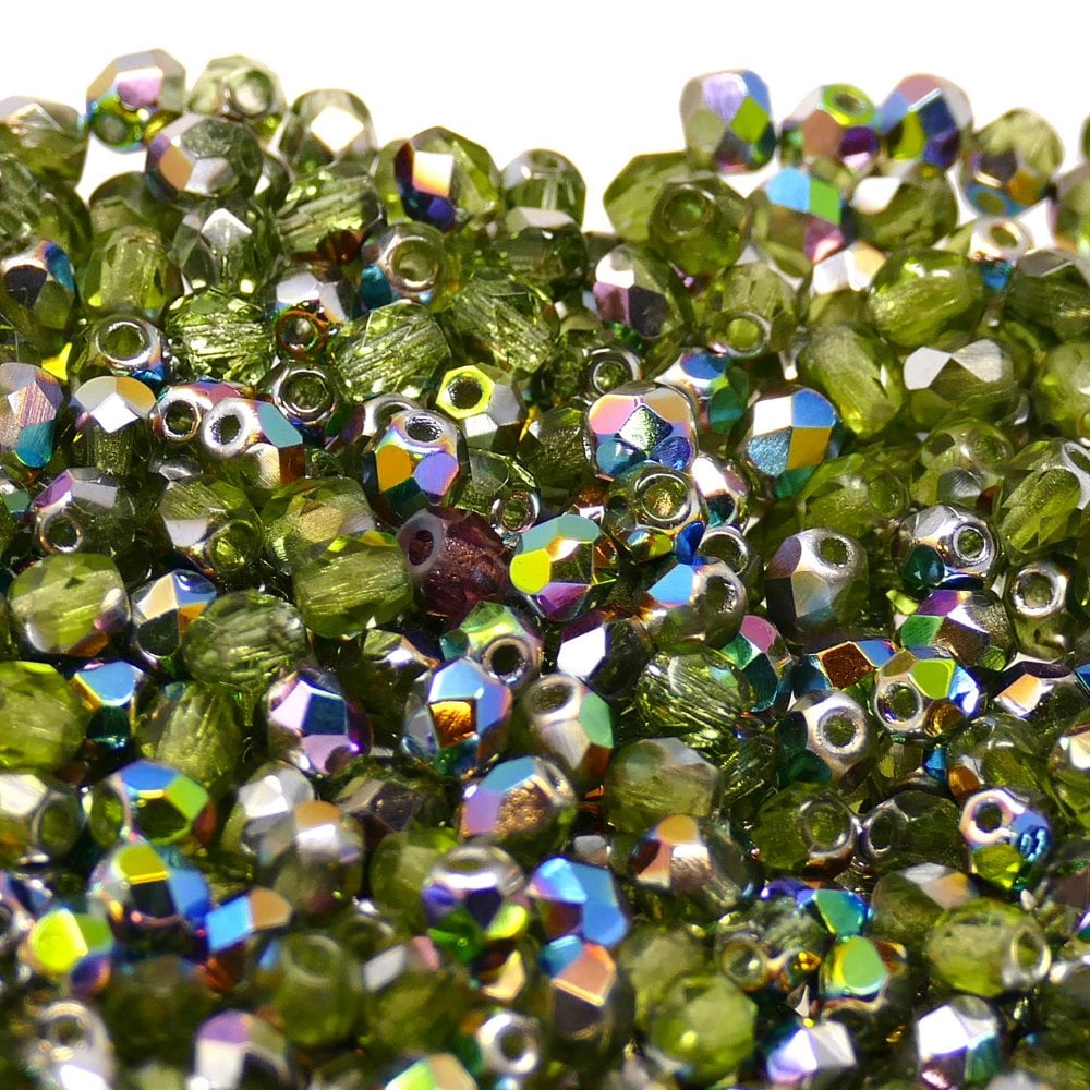 4mm Czech Faceted Round Glass Bead, olivine vitral