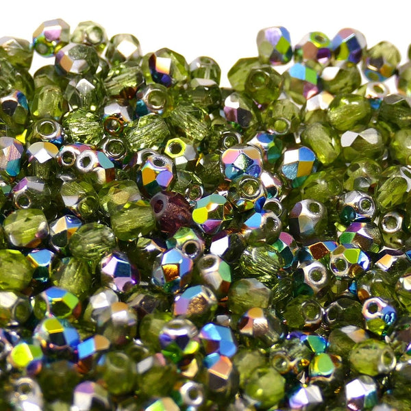4mm Czech Faceted Round Glass Bead, olivine vitral