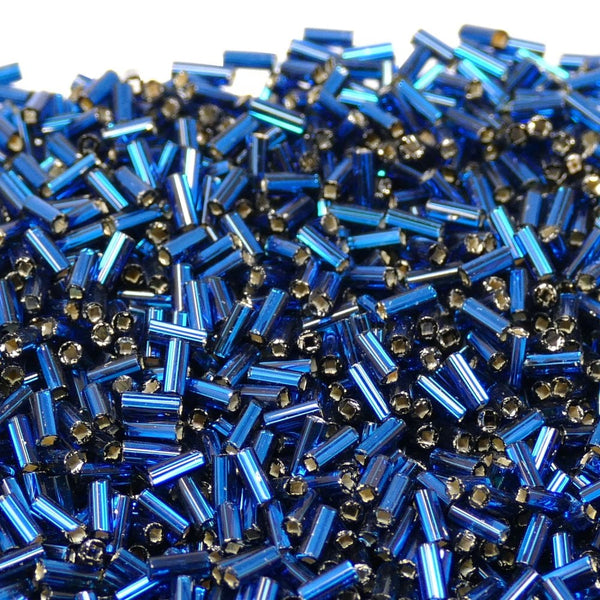Preciosa Bugle Size 2 Seed Beads, silver lined capri blue