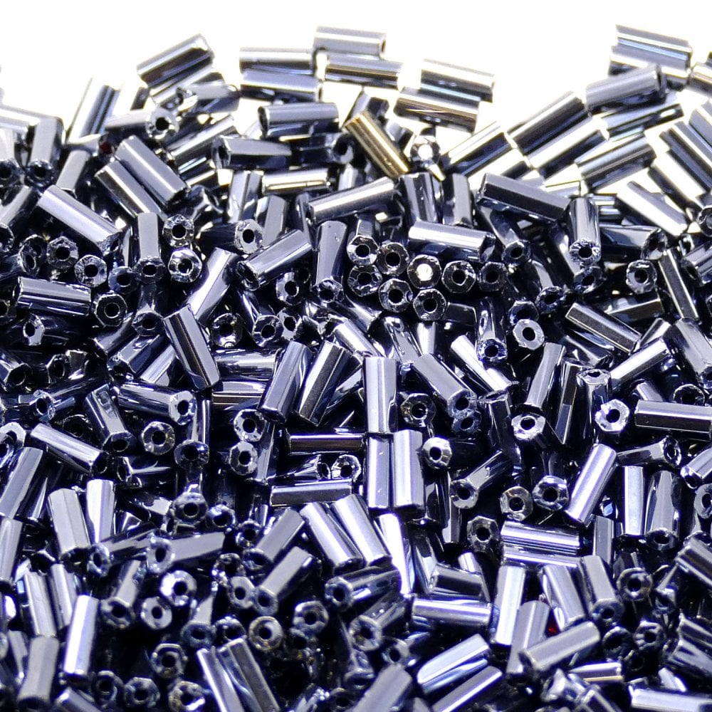 Preciosa Bugle Size 2 Seed Beads, gun metal/hematite