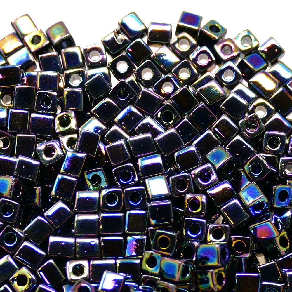 Miyuki 4mm Cube Seed Beads, rainbow opaque black