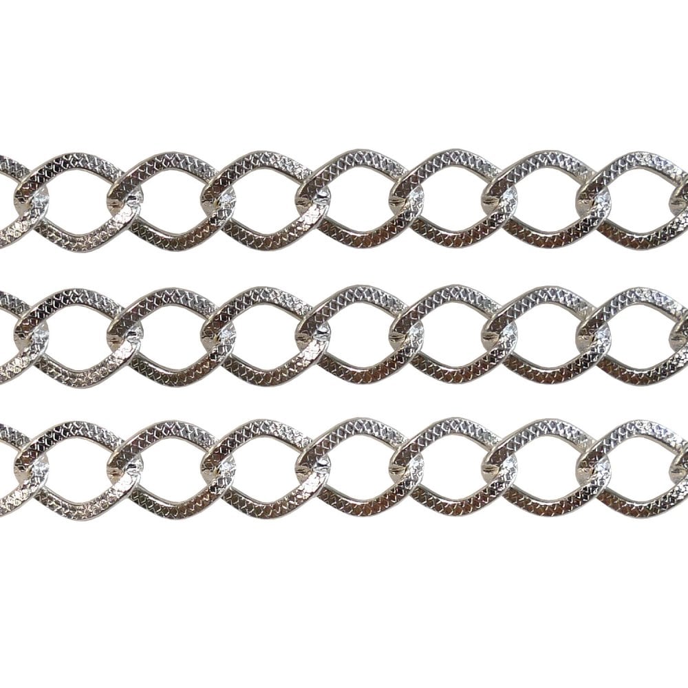 Silver-plated 6x8mm curb chain with textured diamond-shaped links, shown in three parallel strands