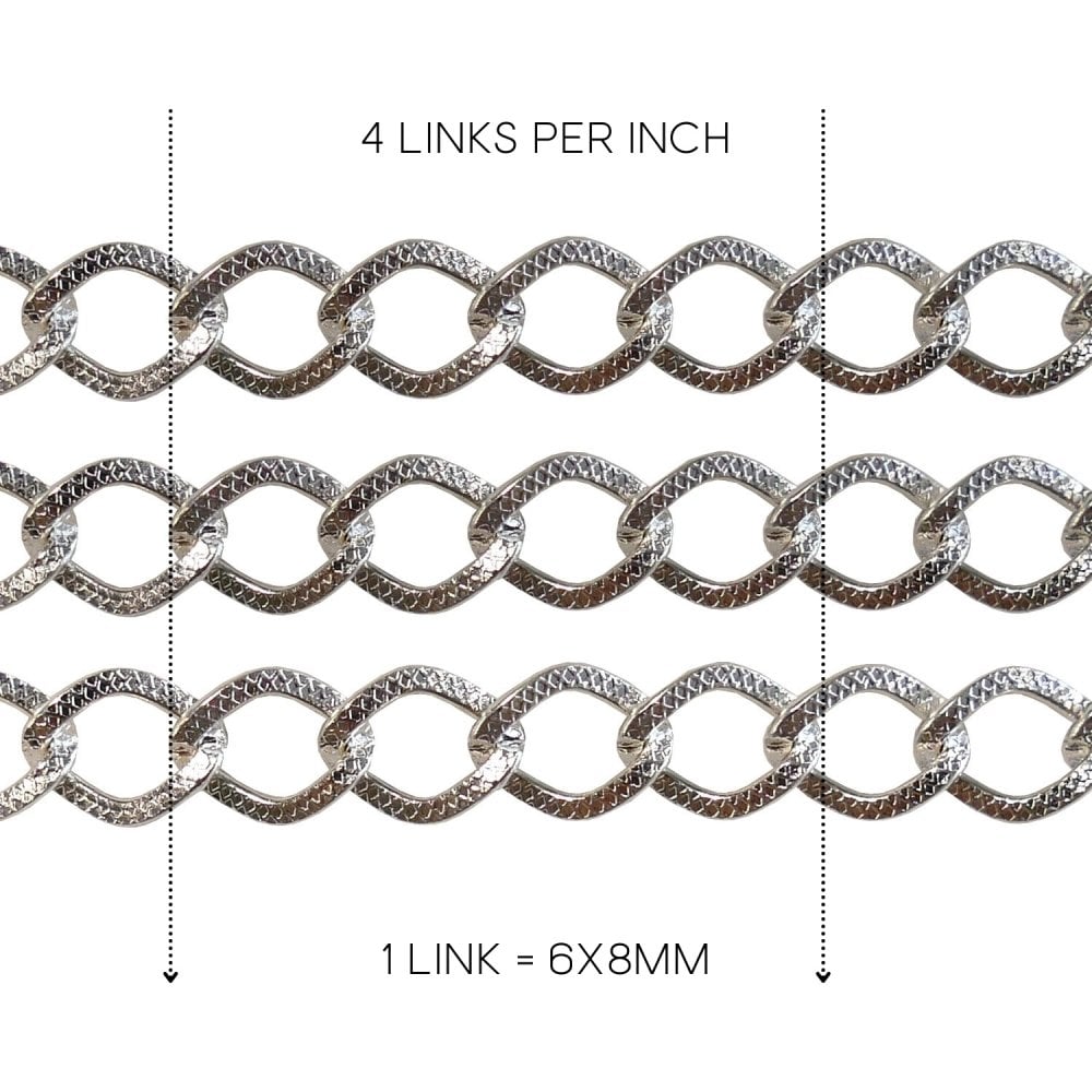 Close-up of 6x8mm textured silver-plated curb chain, labelled 4 links per inch and 1 link = 6x8mm
