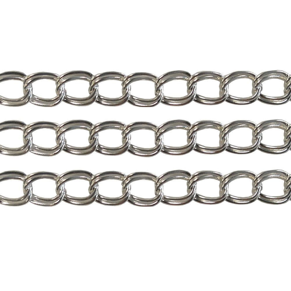 Silver-plated 4x6mm double loop link curb chain, shown in three parallel strands