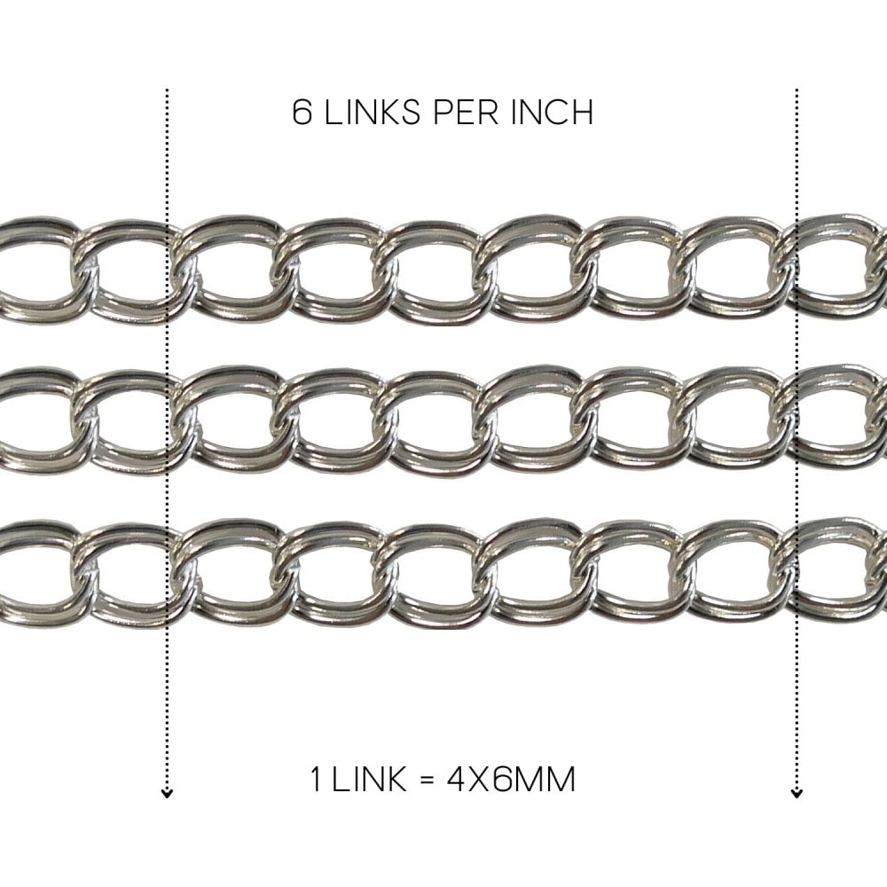 Silver-plated 4x6mm double loop link curb chain, labelled 6 links per inch and 1 link = 4x6mm