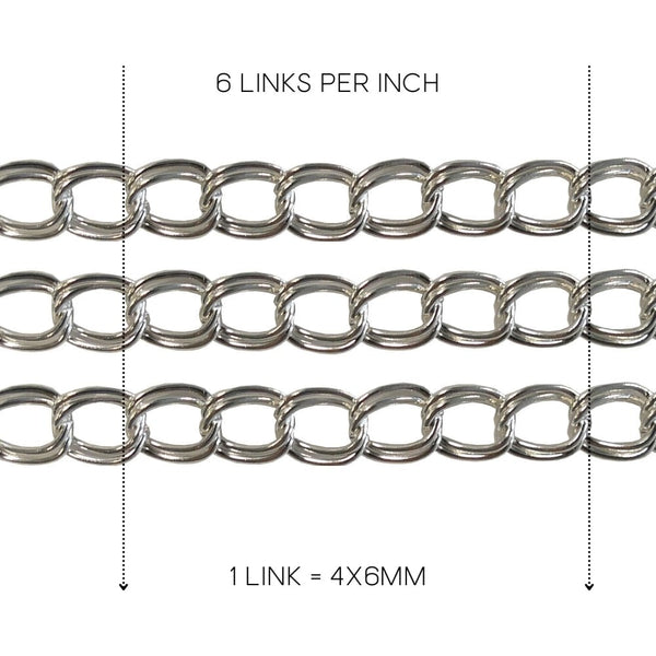 Silver-plated 4x6mm double loop link curb chain, labelled 6 links per inch and 1 link = 4x6mm