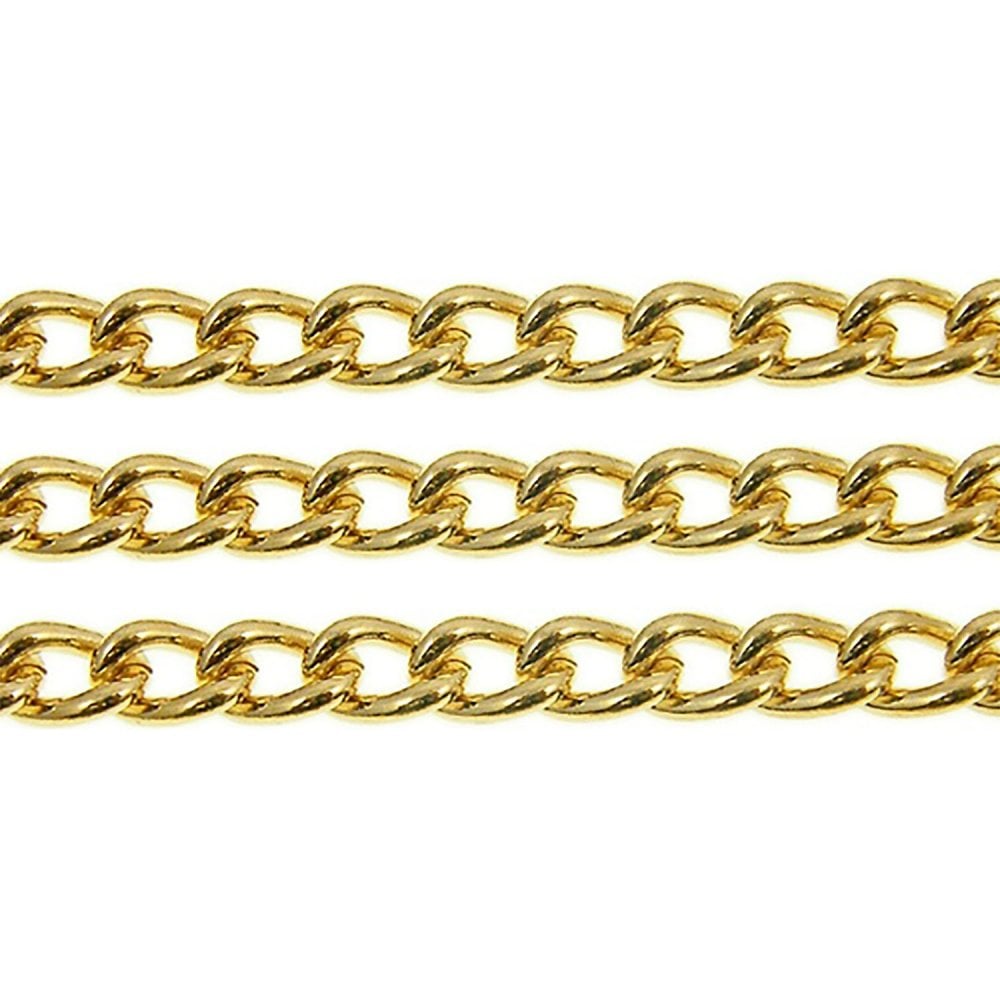 Gold-plated medium steel curb chain, 5x6mm links, shown in three parallel strands