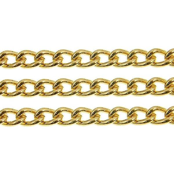 Gold-plated medium steel curb chain, 5x6mm links, shown in three parallel strands