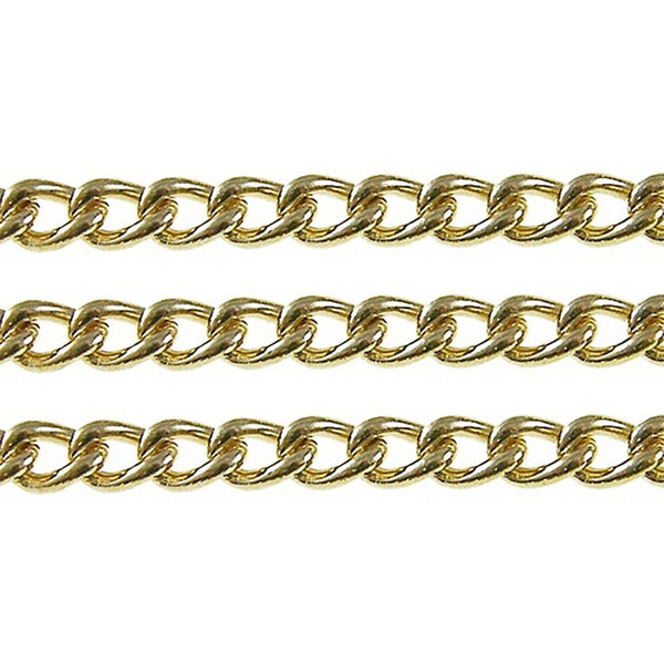 Gold-plated small steel curb chain, 4x4.5mm links, shown in three parallel strands