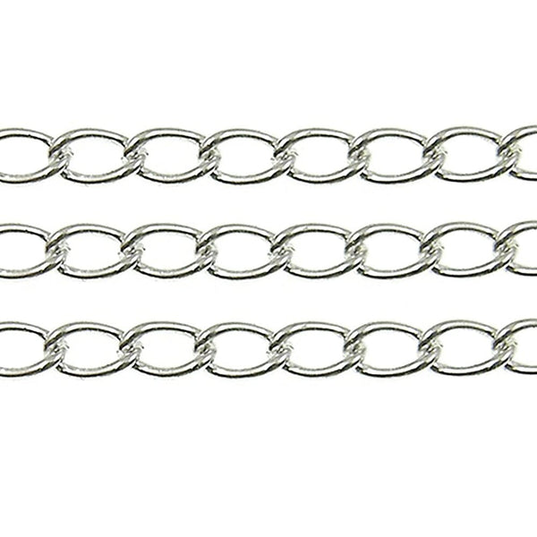 Silver-plated 4.5x7mm elongated steel curb chain, shown in three parallel strands