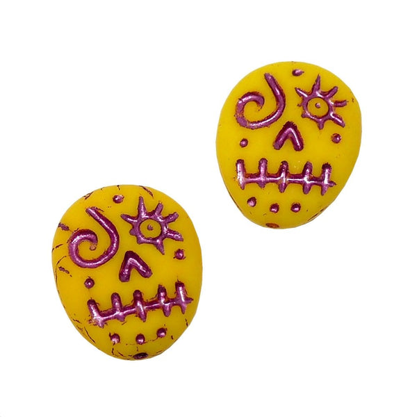 16x13mm Czech Glass Voodoo Face Beads, yellow/pink